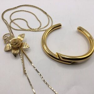 Vintage Lariat Rose Slider Necklace with Open Cuff Over Lap Bracelet